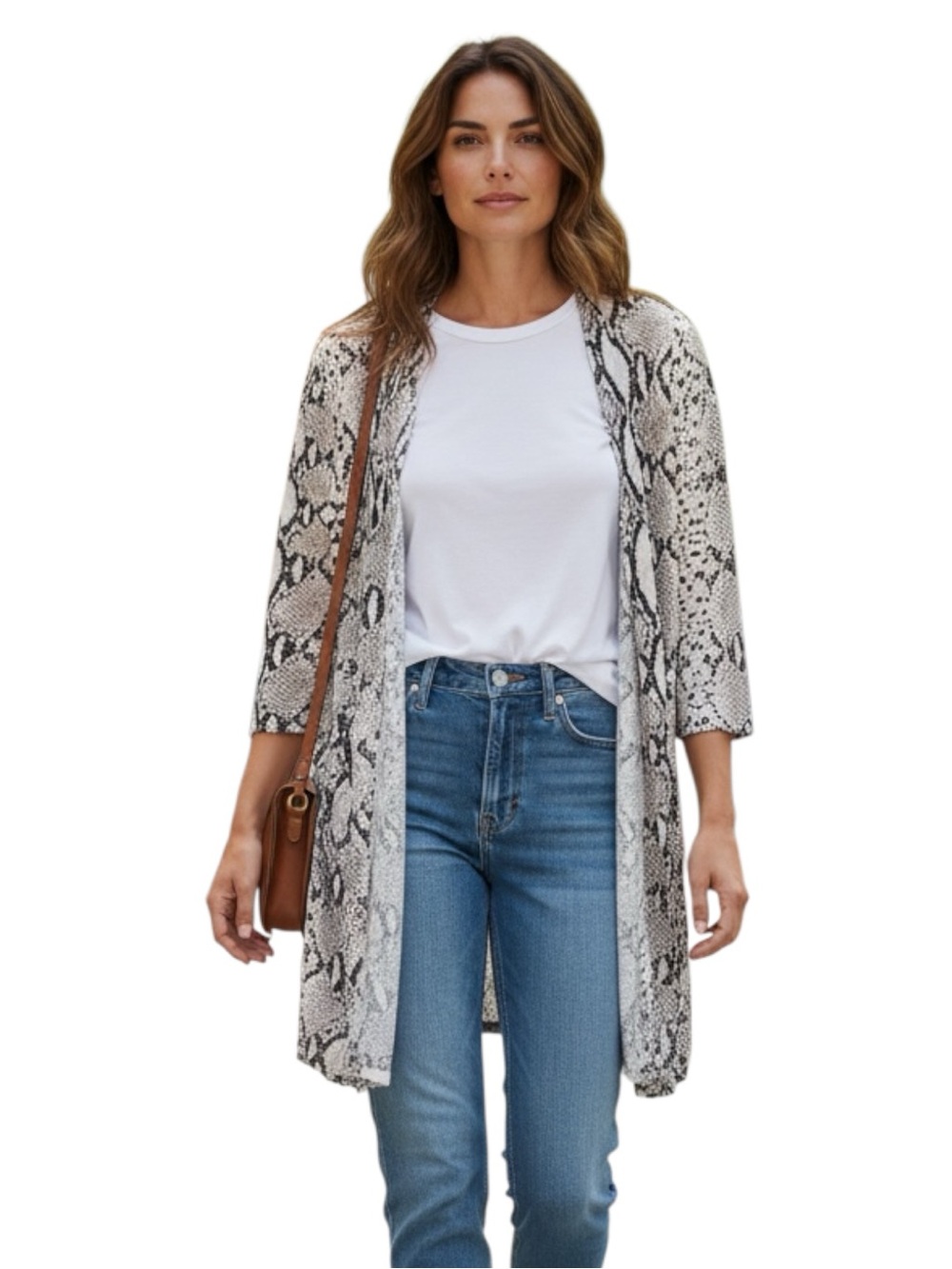 Vici Snake Print Open Front Cardigan - Cream Brown Size S
